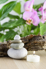 Spa Still Life, Stones and wood on green background