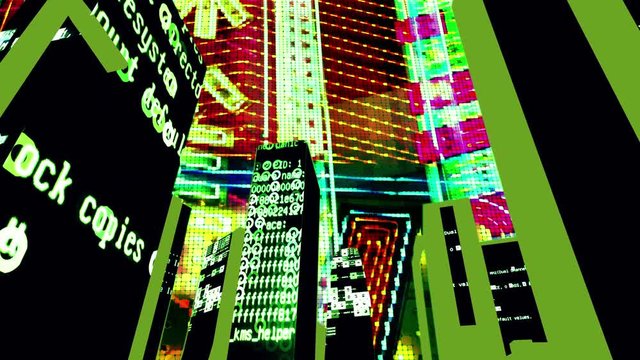 architecture made from code and computer programming. the buildings are based on the tokyo skyline