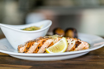 grilled salmon with side of veggies