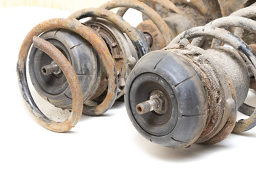 Old, dirty shock absorber, car suspension parts