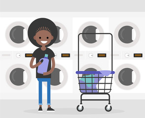 Daily routine. Young character washing clothes in a public coin laundry. Flat editable vector illustration, clip art