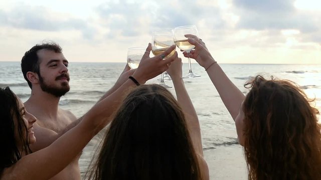 Funny summer:Group Of Friends Toasting Drinks On The Beach 