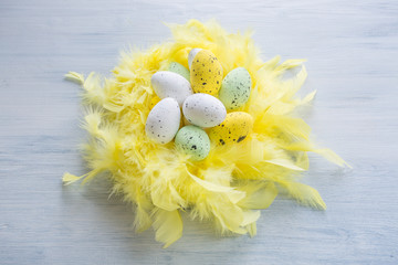 Colorful Easter Eggs in yellow feathers nest.