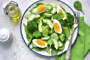 Spring avocado salad with green vegetables and boiled egg.Top view.