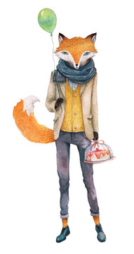 Handsome stylish fox-guy carrying a cake and a balloon, painted in watercolor. Fox in hipster clothes. Character design.
