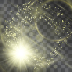 Glowing vector golden light effect, star with galactic dust, sun flares and nebula warm halo. Sheeny design details on transparent background. Decorative flamboyant element. © Manon Labe