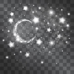 Starry night vector light effect, with shining decorative glitter sparkles and blurry mist, transparent clouds. Brilliant glowing silver design of sky view.
