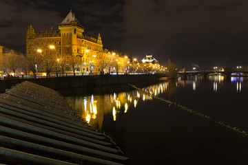 Fototapeta premium Night snowy Prague historic Centum, Czech republic