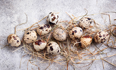 Quail eggs and straw on light background