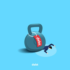 weight with a label debt is on a lying man in a business suit, isometric image