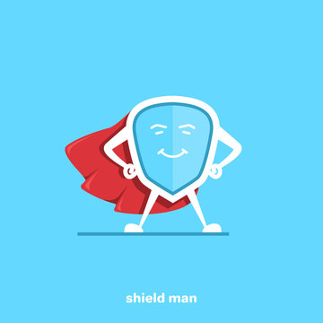 cartoon character in the form of a shield with a red raincoat on a blue background