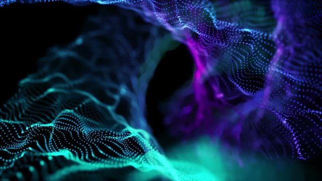 Glowing Glitter Light Particles Displacement Trapcode Form Seamless Looping Colorful Animated Motion Background Cyan Blue