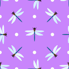 Vector seamless pattern with dragonflies and circles