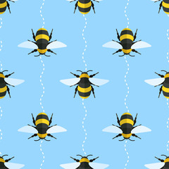 Vector seamless pattern with bees and wavy lines