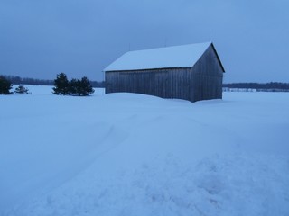 Snowy Barn at Dusk