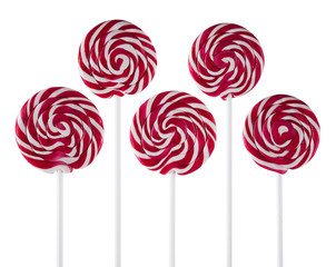 set of red and white lollypop swirl isolated o white background