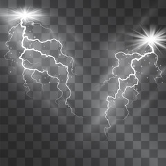 Lightning vector light effect. Decorative lighting bolt on transparent background with magical glowing halo and sparkling stardust. Electric charge flash, silver illumination lines in the sky.