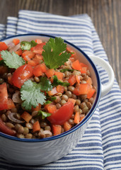 Fresh healthy salad with tomatoes, lentils, onions, veggies. Healthy food, vegetarian and vegan snack, clean eating, diet, detox. Vegetables and cooking background