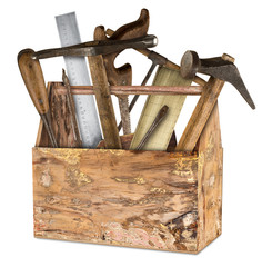 wooden rustic tool box with lot of old retro hand tools isolated on white background / Wekzeugkiste...
