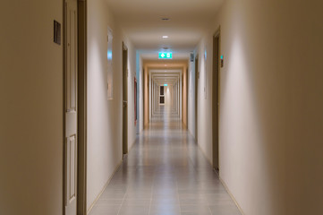 Long building hallway, apartment, condominium, hotel, commercial office building