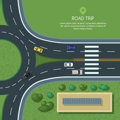 Vector flat illustration of roundabout road junction and city transport. City road, cars, crosswalk, trees and house top view. Street traffic, automobiles and transport design elements. © Alina Kryshtal