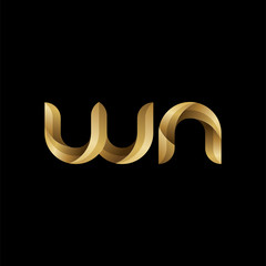 Obraz premium Initial lowercase letter wn, swirl curve rounded logo, elegant golden color on black background