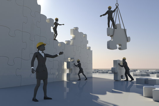 Team assembling a jigsaw puzzle in daylight. A team building a giant jigsaw puzzle in daylight.