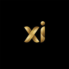 Initial lowercase letter xi, swirl curve rounded logo, elegant golden color on black background
