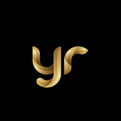 Initial lowercase letter yr, swirl curve rounded logo, elegant golden color on black background