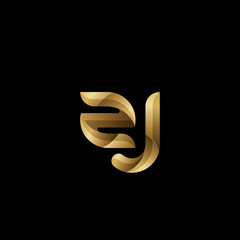 Initial lowercase letter zj, swirl curve rounded logo, elegant golden color on black background
