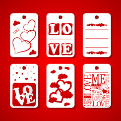Collection of Happy Valentines day gift tags. Set of hand drawn holiday label in white and red. Romantic badge design