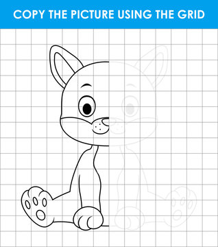 Cute cat sitting. Copy the picture using grid lines.  Educational game for children