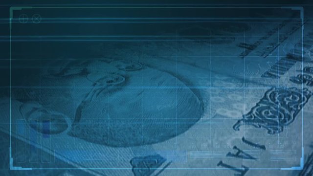 An extreme closeup of indian rupee bank notes flipping through in a counting machine overlaid with a blue tinted futuristic technical data analysis interface