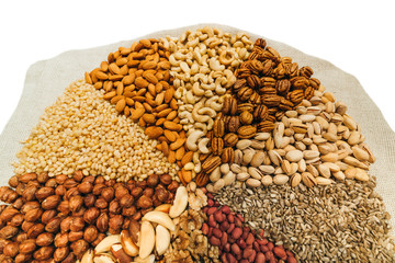 Nuts mix in a canvas bag in table. Ten kinds of nuts: pecan, brazil, cedar, sunflower, hazelnut, almond, peanut walnut pistachio cashew