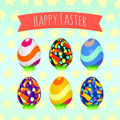 Easter eggs set. Colorful holiday patterns. Realistic Easter eggs. 3D. Vector background. Spring holiday ornament.Decorative collection on artistic background. Vintage vector design illustration.