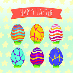 Easter eggs set. Colorful holiday patterns. Realistic Easter eggs. 3D. Vector background. Spring holiday ornament.Decorative collection on artistic background. Vintage vector design illustration.