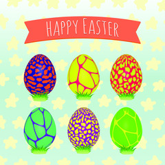 Easter eggs set. Colorful holiday patterns. Realistic Easter eggs. 3D. Vector background. Spring holiday ornament.Decorative collection on artistic background. Vintage vector design illustration.