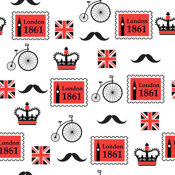 british retro seamless pattern with stamps and bikes