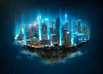 Vlies Fototapete Kuala Lumpur In der Luft schwebende Fantasieinsel mit Netzwerklicht kam aus dem Boden, Smart City und drahtloses Netzwerkverbindungskonzept.