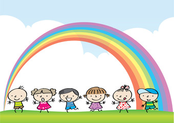 kids with rainbow background