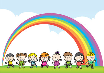 kids with rainbow background