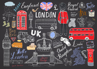 Naklejka premium Londyńskie miasto doodles elementy kolekcji. Ręcznie rysowane zestaw z, most, wieża, korona, big ben, straż królewska, czerwony autobus i taksówka, mapa Wielkiej Brytanii i flaga, dzbanek do herbaty, napis, ilustracja wektorowa na białym tle