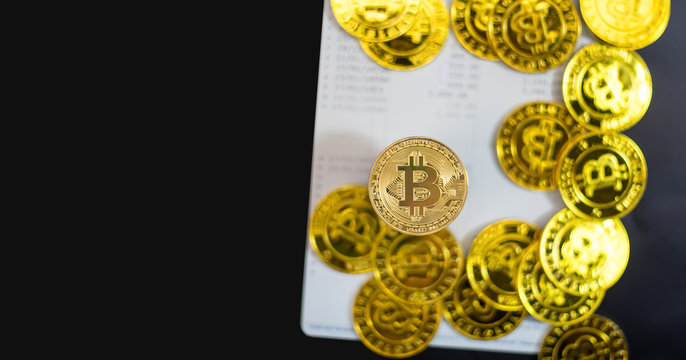 Gold bitcoin on Bank account in concept savings electronic money for future.