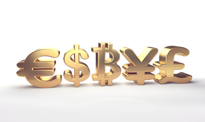 Euro Dollar Bitcoin Yen Pound symbol 3d rendering