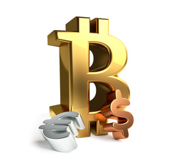 big Bitcoin and Euro and Dollar symbol 3d rendering