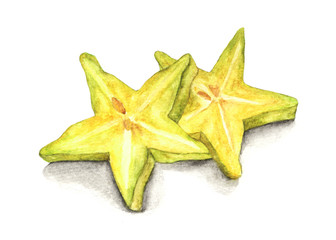 Fototapeta premium Watercolor hand drawn fresh Yellow fruit carambola. Isolated organic natural eco illustration on white background