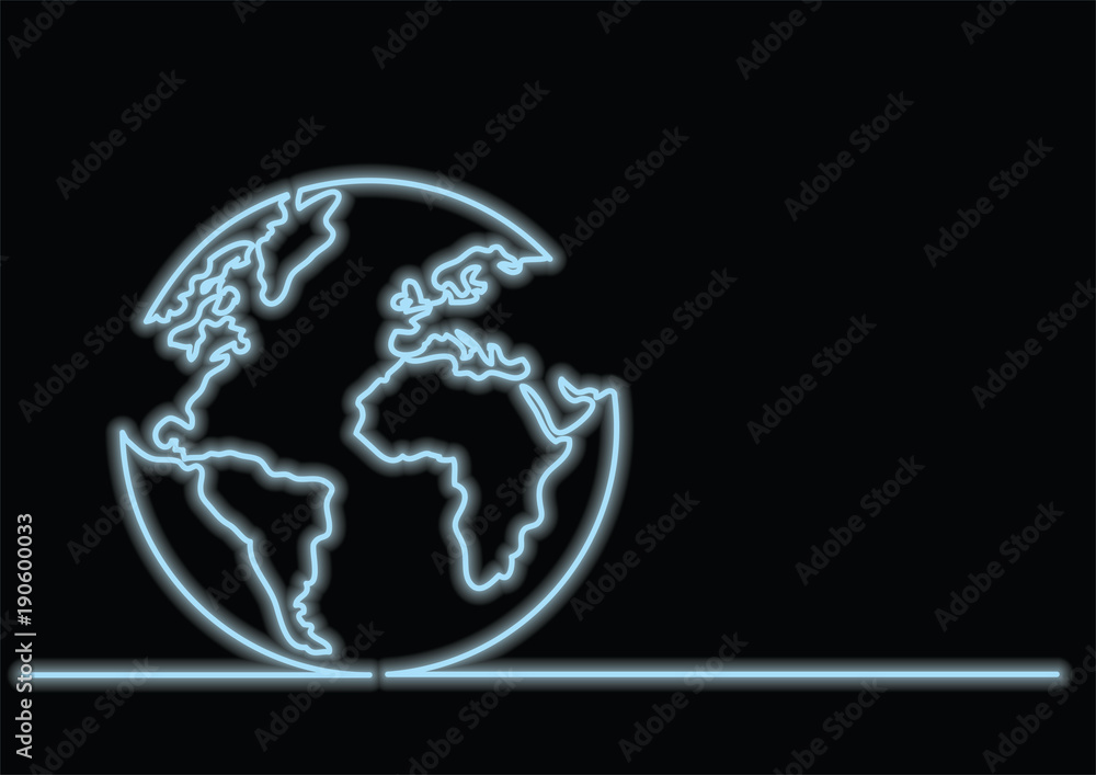Poster continuous line drawing of globe with neon vector effect