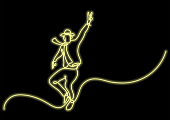 Fototapeta na wymiar continuous line drawing of expressive happy jumping man showing victory sign with neon vector effect