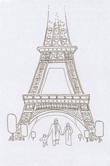 Fototapeta premium People in Paris. Happy family of three is walking near the Eiffel Tower. Pen Drawing.