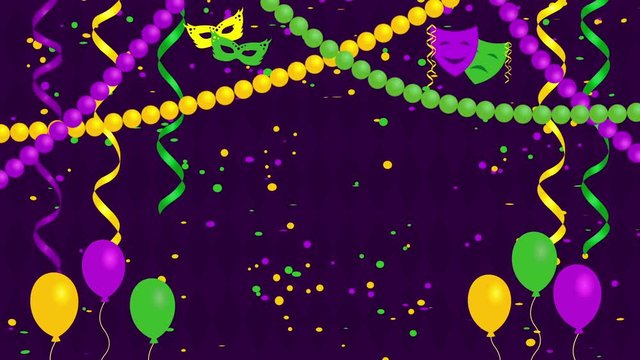 Festive carnival background with confetti, masks and balloons
